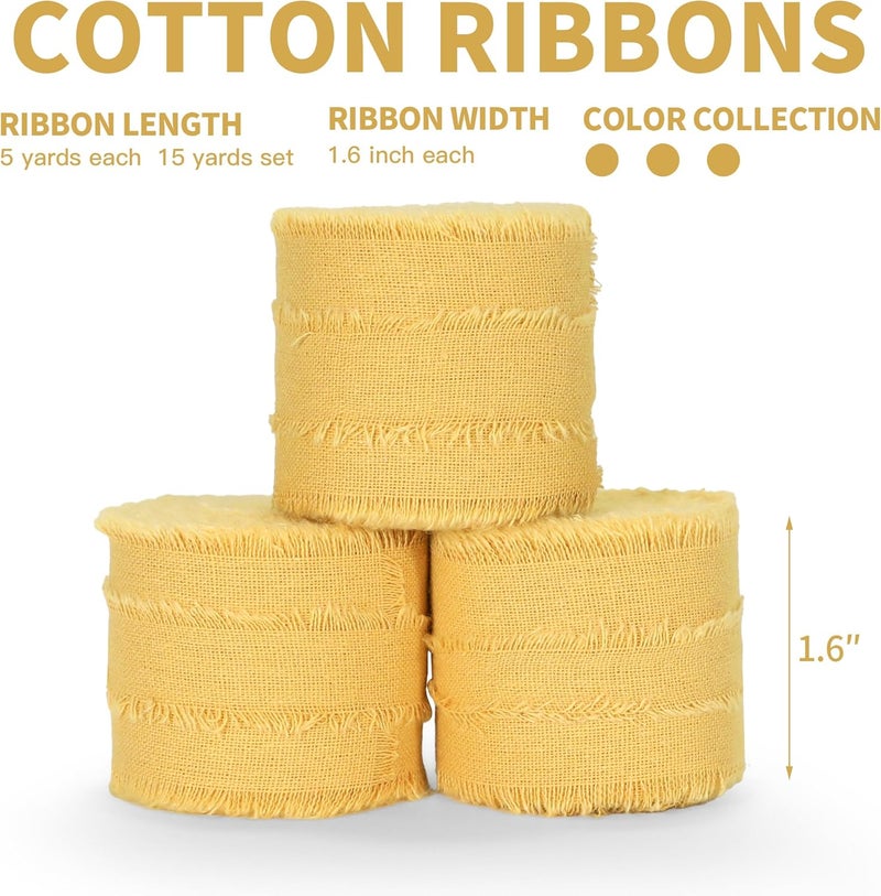 Keypan Yellow Ribbon 1-1/2 x 15 Yards Handmade Cotton Frayed Fringe Fabric Ribbons for Crafts Flower Bouquets Wedding Baby Shower Home DIY Decor - Image 2